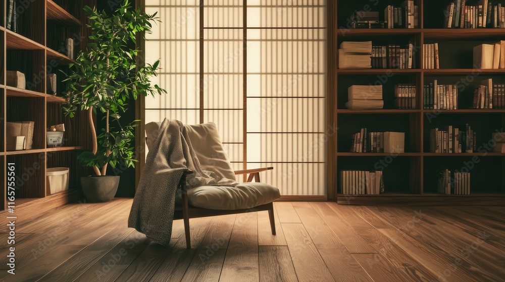 Fototapeta premium Serene Japanese Reading Nook: Minimalist Interior Design with Plush Chair and Bookshelves for Literature Lovers