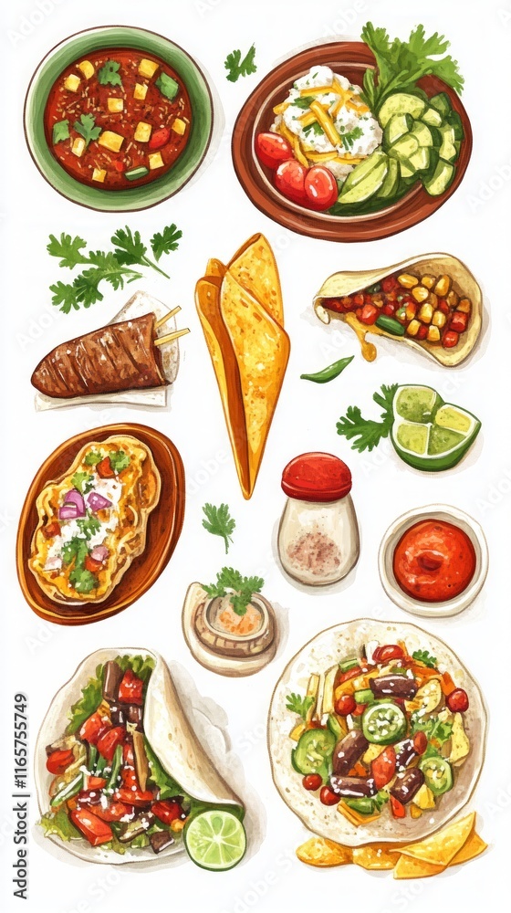 Vibrant Watercolor Illustration of Diverse Mexican Dishes Vibrant Watercolor Illustration of Diverse Mexican Dishes