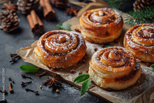 Freshly baked cinnamon buns with spices and cocoa filling on parchment paper. Sweet Homemade Pastry christmas baking. . ,.    photo