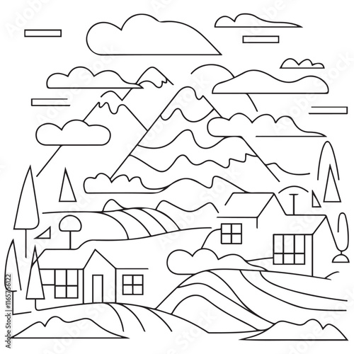 vector landscape with houses for coloring book