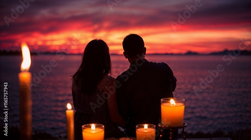 Couple watches a sunset over the ocean, with candles providing light in the foreground photo