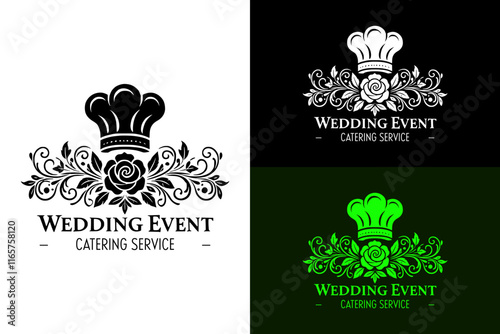 a chef hat and rose flower art design, restaurant logo, wedding caterer, event planner, event management, food, vlogger, wedding event, cuisines, dishes, abstract logo