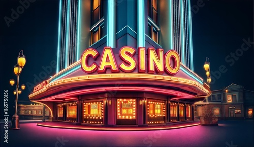 Vibrant Neon-Lit Luxury Casino Exterior at Night