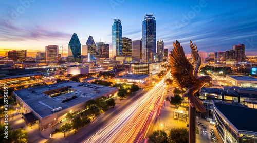 A vibrant urban cityscape at night with long exposure light trails of vehicles weaving through modern skyscrapers, showcasing the dynamic energy of city life.