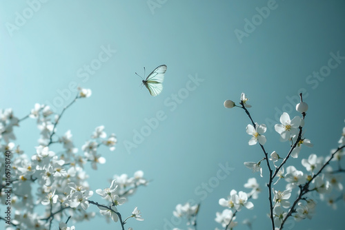 A butterfly flying in the sky, surrounded by pear blossoms, light blue background,