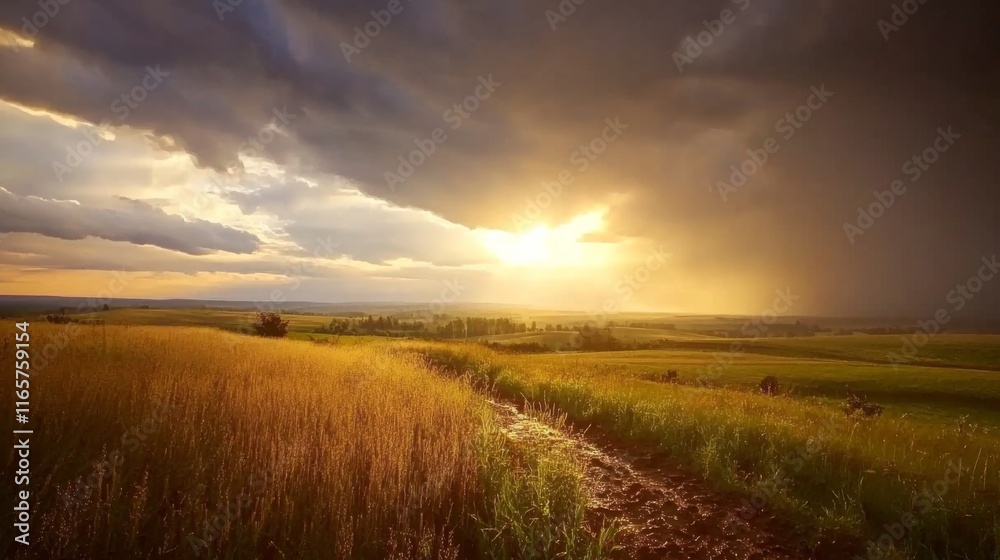 Obraz premium Dramatic Countryside Landscape with Golden Hour Light