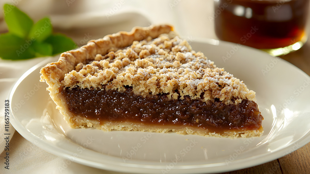 Slice of Classic Pennsylvania Dutch Shoofly Pie on White Plate Slice of Classic Pennsylvania Dutch Shoofly Pie on White Plate