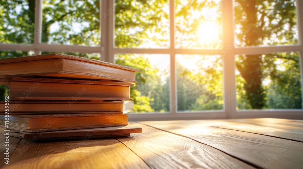 A warm, inviting scene featuring stacked books on a wooden surface, illuminated by sunlight streaming through a window surrounded by trees. A warm, inviting scene featuring stacked books on a wooden surface, illuminated by sunlight streaming through a window surrounded by trees.