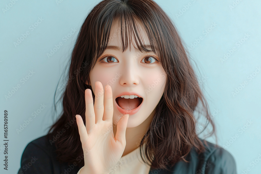 口に手を添えて大声で叫ぶ若い日本人女性 口に手を添えて大声で叫ぶ若い日本人女性
