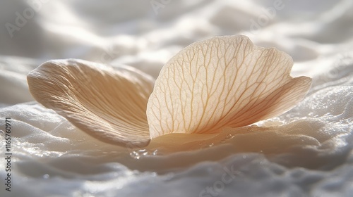 [Closeup shot of a small white or palecolored flower with delicate petals and a darker center lying on a textured surface] Close-up Macro Bloom on Textured Surface with Focus on Center Detail photo