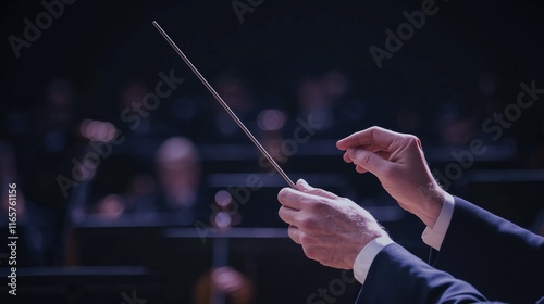 Orchestra conductor's hands holding the baton, leading with precision and passion against dark theater background with a blurred audience