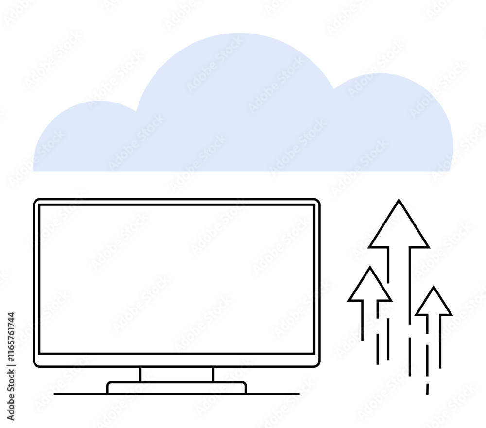 Computer monitor below a large blue cloud, with arrows pointing upwards indicating data upload. Ideal for cloud storage, data sharing, online collaboration, tech innovation, digital solutions, IT
