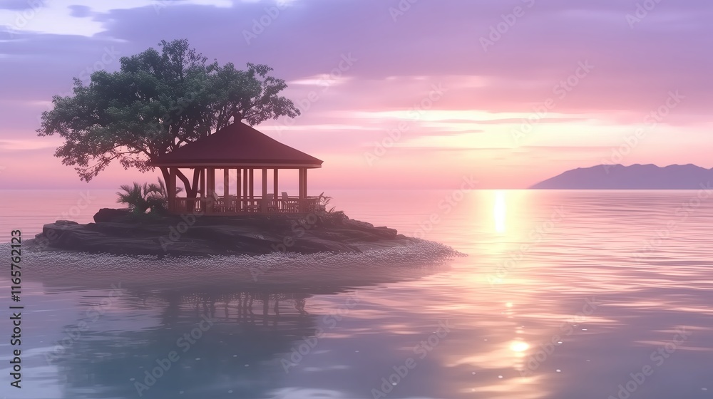 Pavilion by a Serene Sea on a Tranquil Island During Sunset Evening Pavilion by a Serene Sea on a Tranquil Island During Sunset Evening