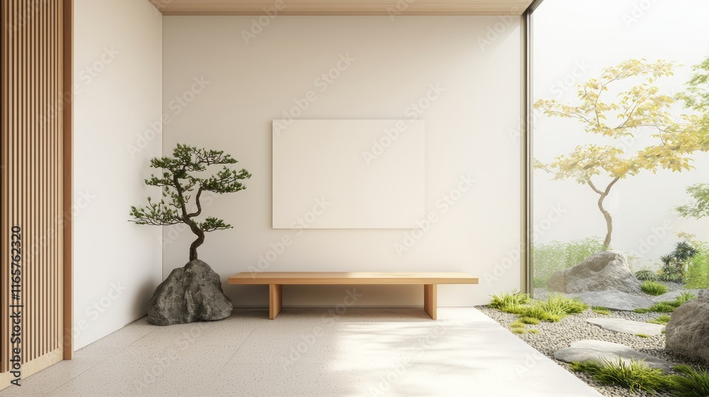 Serene Minimalist Japanese Foyer with Wooden Bench and Rock Garden View Serene Minimalist Japanese Foyer with Wooden Bench and Rock Garden View