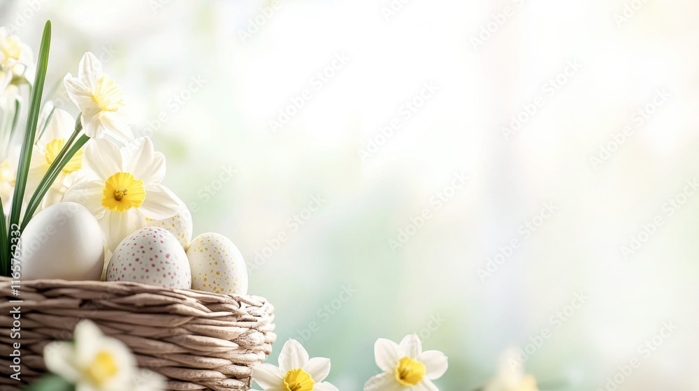 Springtime basket with daffodils and easter eggs in a soft light setting Springtime basket with daffodils and easter eggs in a soft light setting