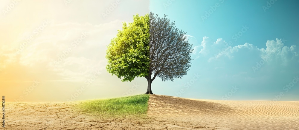 Fototapeta premium A split tree symbolizes contrasting environments lush greenery versus arid desert.