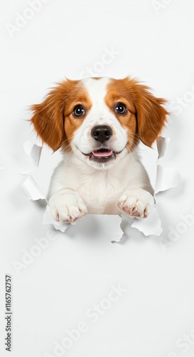 Playful Kooikerhondje Puppy Breaking Through Torn Paper - Dutch Spaniel Breed Delight photo