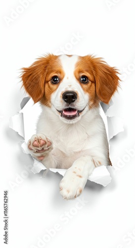 Playful Kooikerhondje Puppy Breaking Through Torn Paper - Dutch Spaniel Breed Delight photo