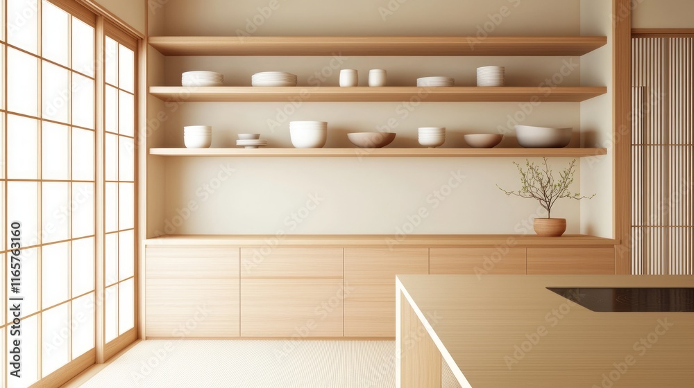 Fototapeta premium Serene Minimalist Japanese Kitchen with Modern Design Aesthetic and Functional Elegance