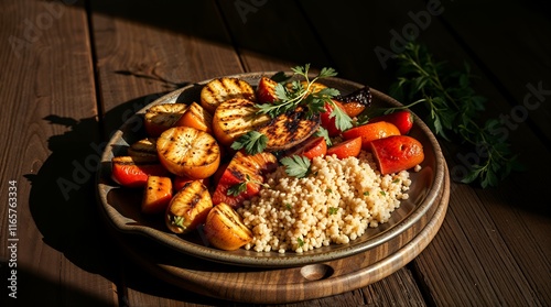 Grilled vegetable and grain bowl, likely a meal option. The warm lighting and rustic background suggest fresh ingredients