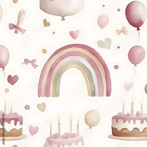 Happy Birthday theme wallpaper, dreamy style, containing rainbow, cake and balloons.

