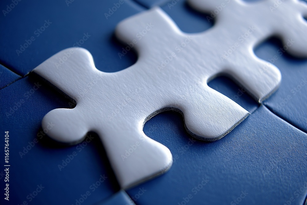 Close-up of three white puzzle pieces fitting into a blue puzzle. Close-up of three white puzzle pieces fitting into a blue puzzle.