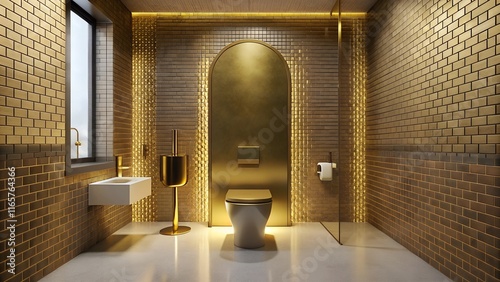 Minimalist interior design of modern luxurious Toilet with brick gold wall