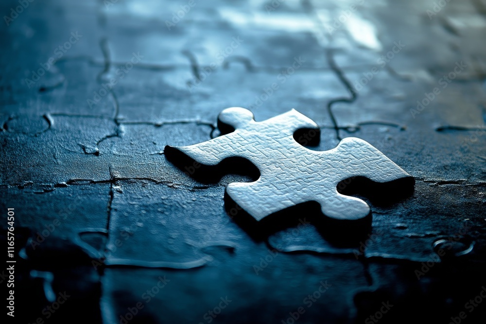 © Nurul - Single dark grey puzzle piece on a dark blue puzzle background. © Nurul - Single dark grey puzzle piece on a dark blue puzzle background.