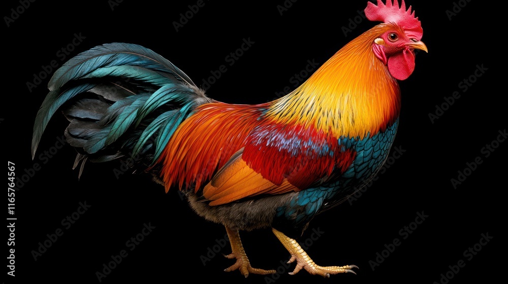 Fototapeta premium Vibrant rooster isolated on black.