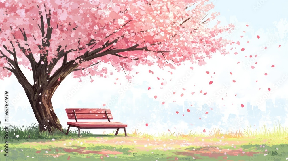 Obraz premium A serene scene featuring a large, blooming cherry blossom tree with vibrant pink flowers.