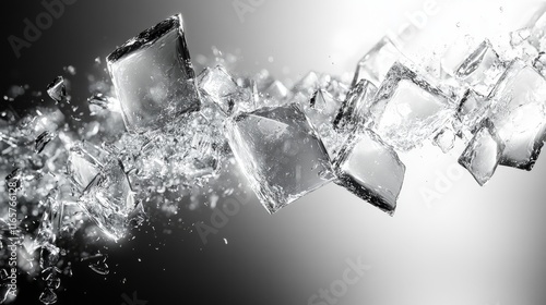 Shattering ice cubes in motion, splashing water droplets against a gradient background.