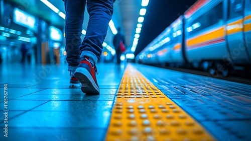 Person walking towards train on platform.