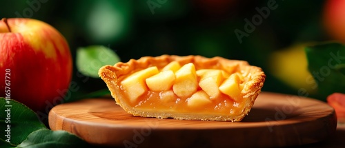 Delicious apple pie slice on a wooden surface.