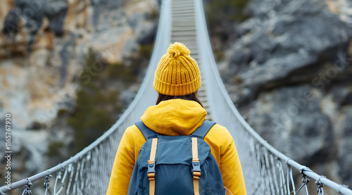 A person wearing a yellow hat and jacket stands on a bridge, facing rocky terrain, ready for an adventure in a natural landscape. photo