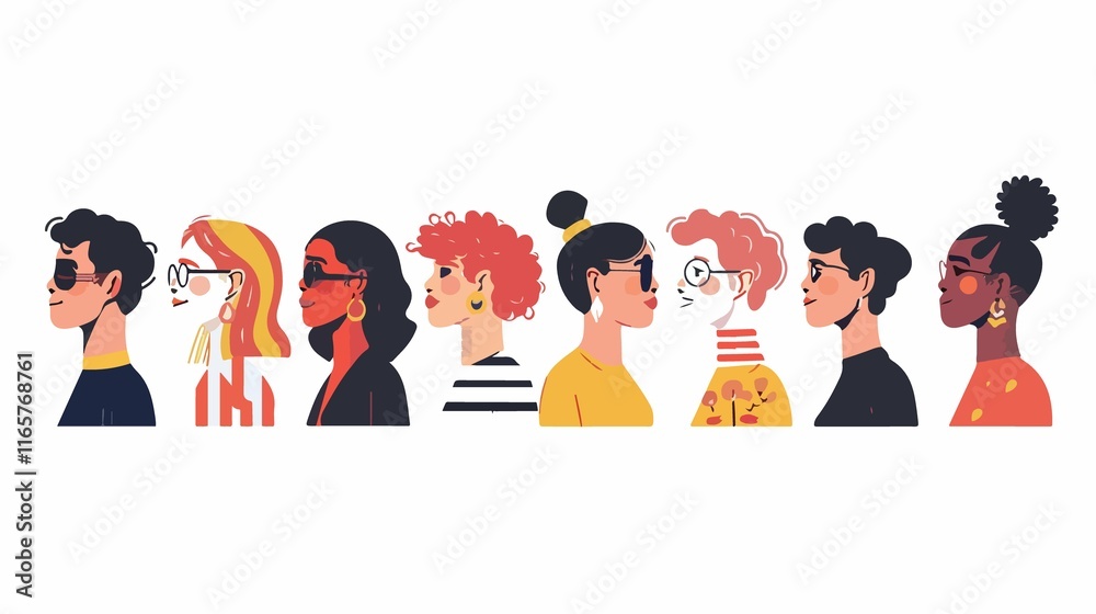Diverse Stylish Faces in a Row: Abstract Portrait Diverse Stylish Faces in a Row: Abstract Portrait