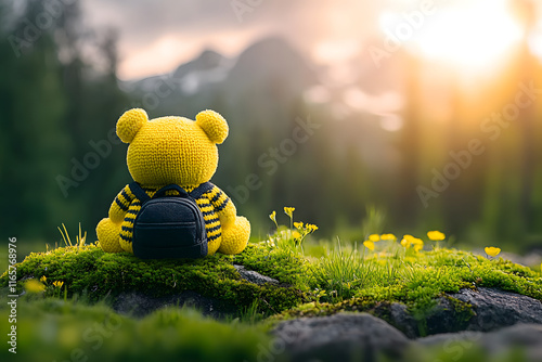 Gehäkelter gelber Teddybär mit Rucksack in idyllischer Berglandschaft
 photo