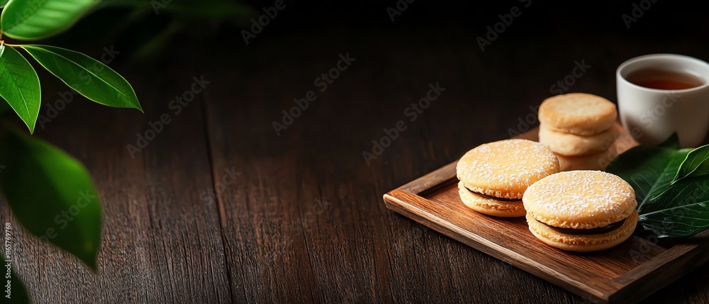 Delicious macarons served with tea. Delicious macarons served with tea.