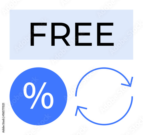 Word FREE in bold black letters, blue percentage symbol inside a circle, and blue circular arrows. Ideal for marketing, promotions, discounts, offers, sales, loyalty programs and ecommerce ads