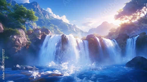 Illuminated Waterfall Under a Starry Sky in a Serene Mountain Landscape