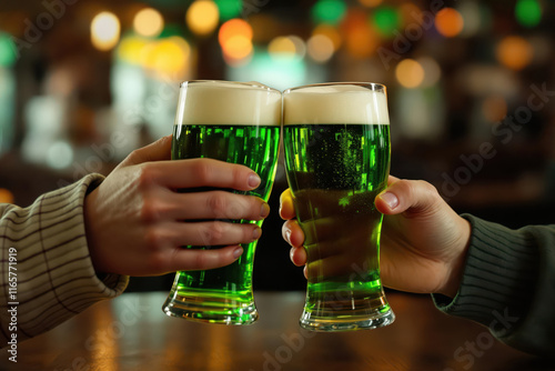A close-up image of a couple's hands toasting each other with glasses of green beer on St. Patrick's Day.