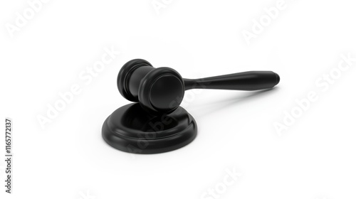 Solemn judge's gavel lying impressively on clean white background. This important tool symbolizes authority and the solemnity in the courtroom, playing a crucial role when making decisions and maintai photo