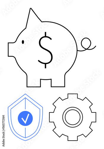 Piggy bank with dollar sign, gear symbolizing process, and shield with checkmark for protection. Ideal for finance, investments, security, banking, savings, process improvement abstract line flat