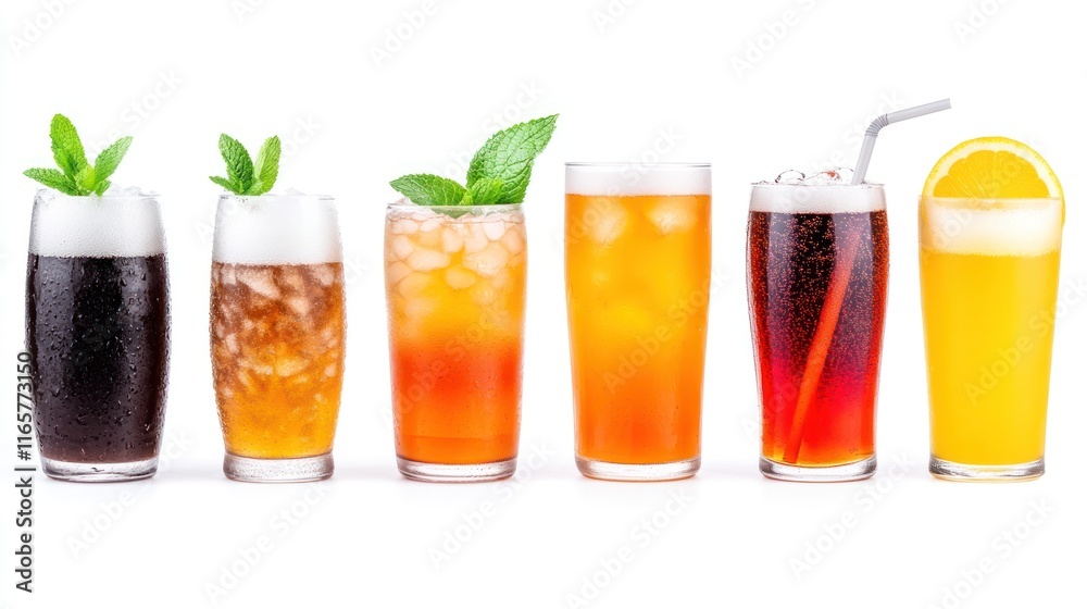 A variety of refreshing beverages in clear glasses.