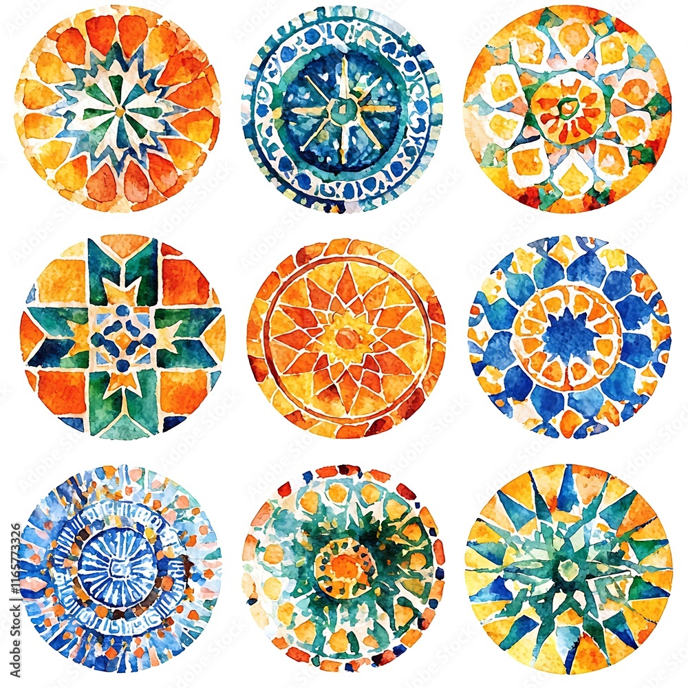 Nine Watercolor Paintings of Circular Mosaic Designs in Vibrant Orange, Blue, and Green Hues. Nine Watercolor Paintings of Circular Mosaic Designs in Vibrant Orange, Blue, and Green Hues.