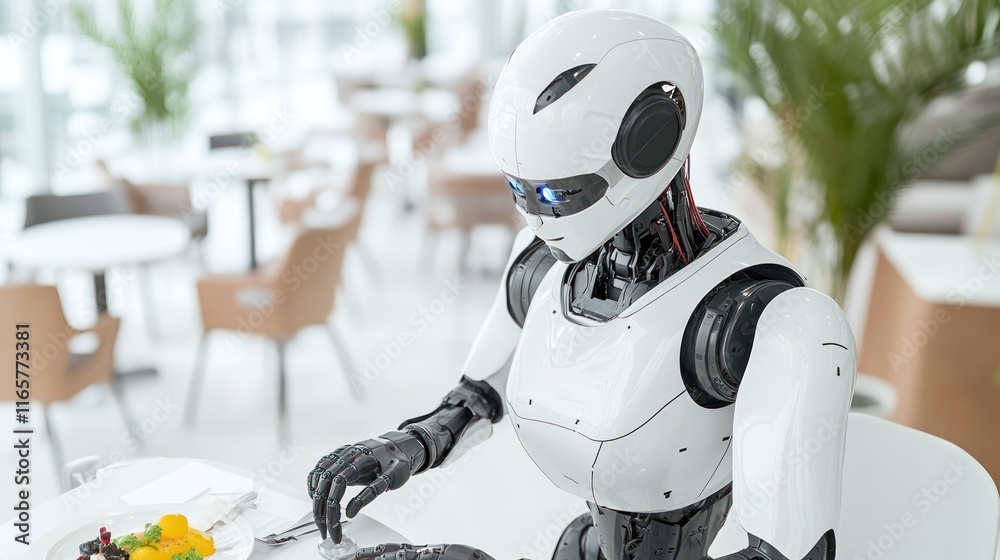 Fototapeta premium A humanoid robot dining in a modern restaurant setting.