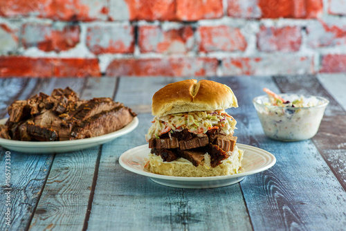 brisket slider topped with coleslaw photo