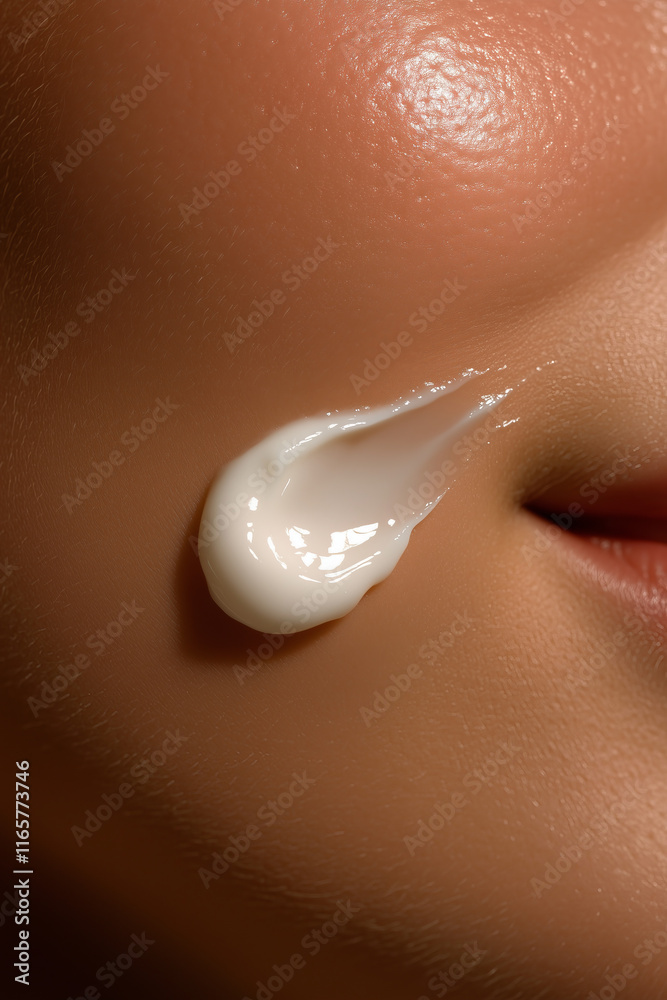 Fototapeta premium Close up detail of young beauty woman applying cream smear on her facial face skin texture. Skincare and cosmetics concept background.