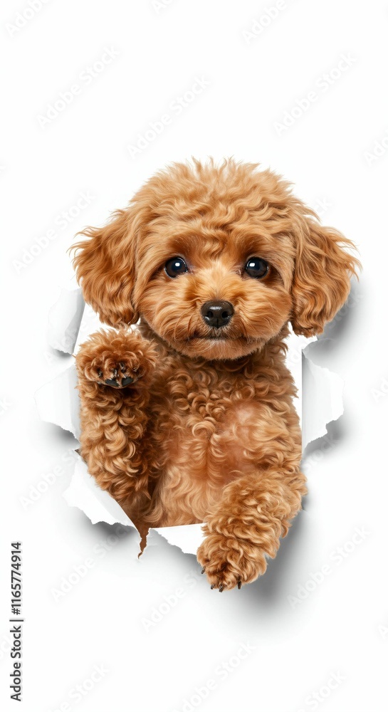 Adorable Toy Poodle Peeking Through Torn Paper - Fluffy and Intelligent Companion Adorable Toy Poodle Peeking Through Torn Paper - Fluffy and Intelligent Companion