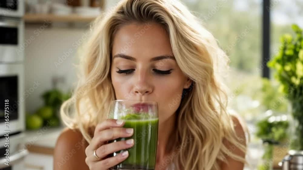 Smiling fit sporty woman looking knowingly at camera in kitchen while preparing toxic green juice cocktail