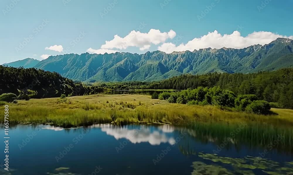 Serene lake reflecting mountains under a clear blue sky. Serene lake reflecting mountains under a clear blue sky.